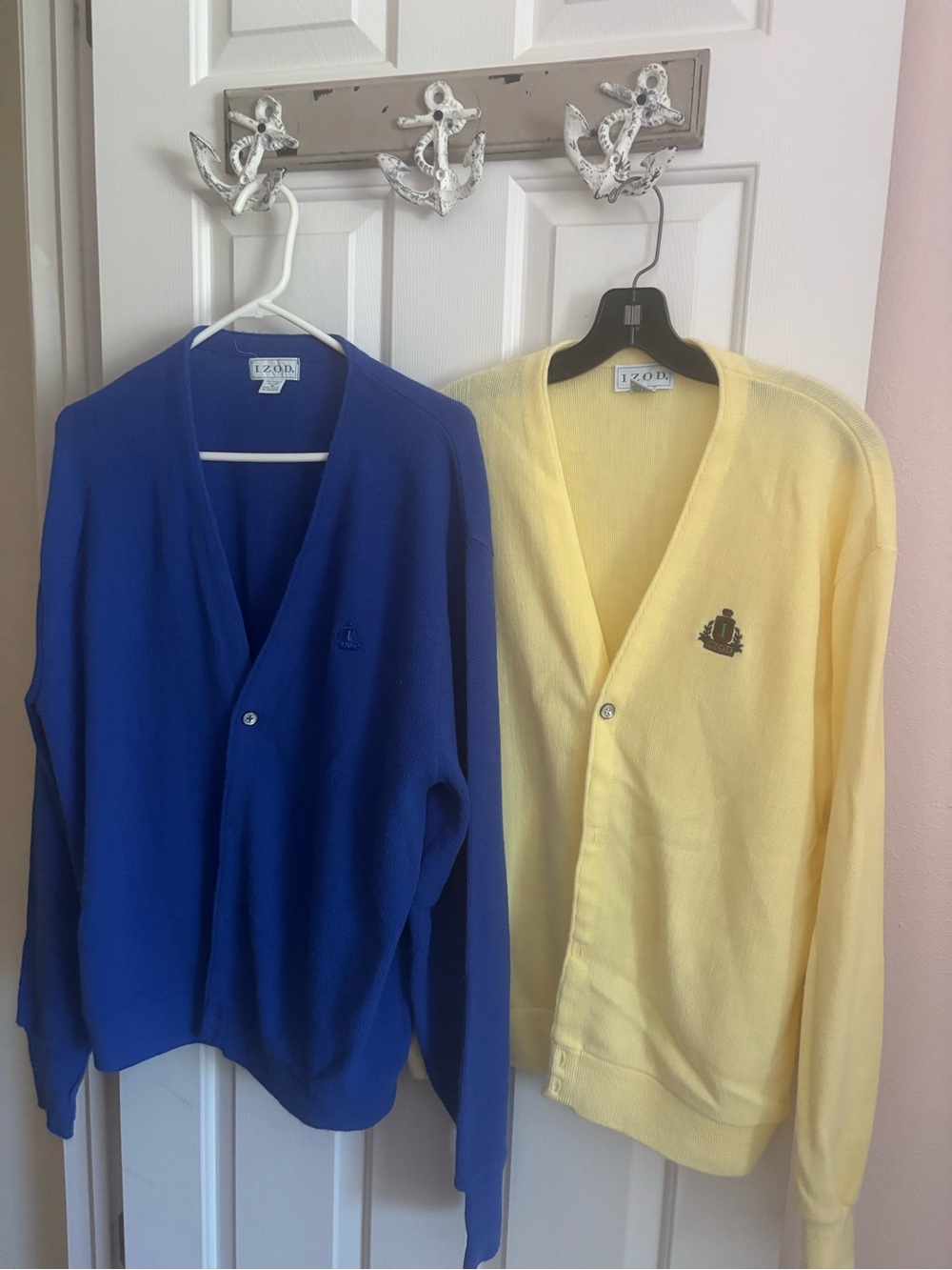 Izod V-Neck Cardigan Pair in Royal Blue and Pale Yellow grandpa sweater